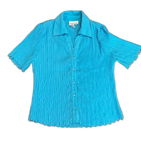 Vintage 90s Rene Margo Turquoise Blue Crinkle Pleated SS Button Down Top Size S - Picture 2 of 11
